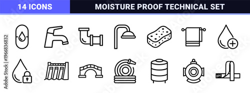 Waterproof Technology and Moisture Protection Symbols: Ultra-Minimalist Monoline Geometric Line Art for Commercial Product Packaging Design.