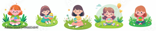 vector of a little girl sitting happily holding an Easter egg