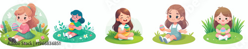 vector of a little girl sitting happily holding an Easter egg