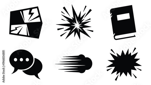 Black and white comic effect icons for design and editing