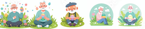 vector of a grandpa sitting happily holding an Easter egg