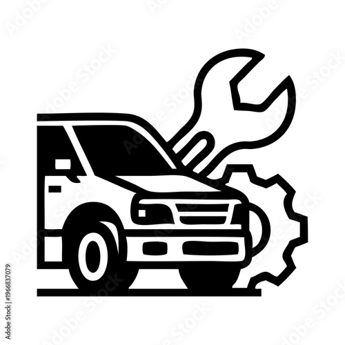 Logo taller mecánico. Dibujo con líneas de un vehículo de lujo con un engranaje y una llave ajustable 
