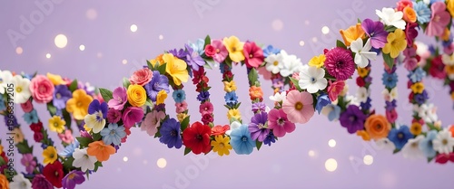 DNA Double Helix Structure Made of Colorful Blooming Flowers on Purple Background