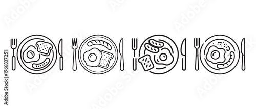 Black Outline Breakfast Meal Icons. Fried Eggs, Sausages, Toast, and Cutlery on White Background.