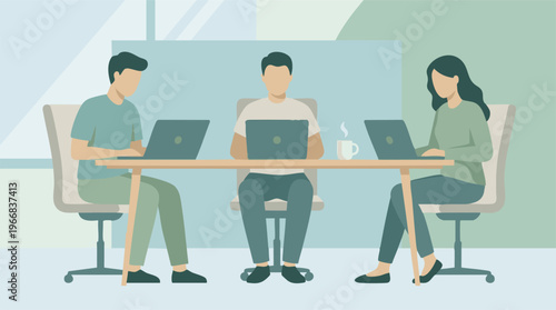 Flat design illustration of business team working on laptops in a modern office