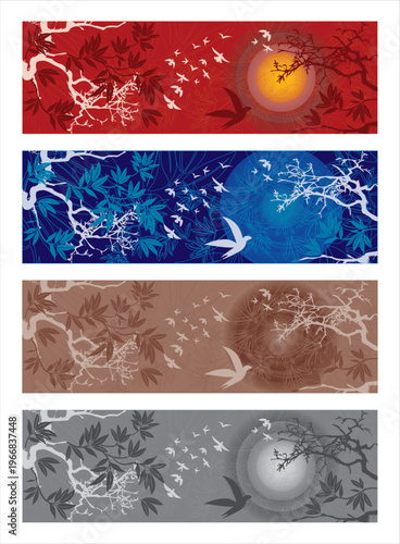 4 Paysages Asiatiques Soleil Couchant Illustrations avec Arbres et Oiseaux - Vecteur