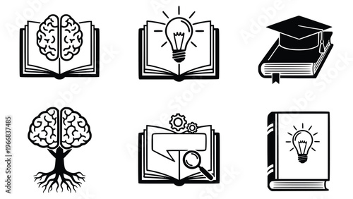 Educational icons featuring books and symbols of learning and graduation