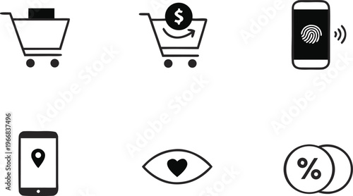 Minimalist e-commerce icon set, black and white shopping vector elements, mobile payment and retail symbols, collection of 6 flat icons