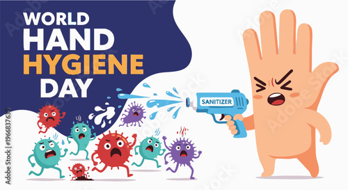 Hand spraying disinfectant on germs in colorful cartoon illustration for World Hand Hygiene Day in vibrant humorous style with bright lighting for health awareness campaign