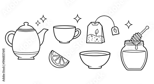 Simple vector graphic design of tea making ingredients and utensils collection.
