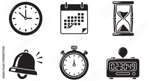 Modern flat design vector illustration featuring various timekeeping and scheduling tools