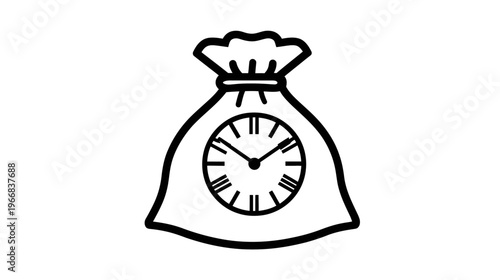 Time is Money Icon: Money Bag with Clock Face. Symbolizing Financial Investment, Savings, Wealth, and Deadlines