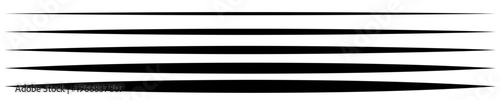 Set of black horizontal lines tapering at both ends. Five straight strokes on a white background of various thicknesses. Vector illustration.