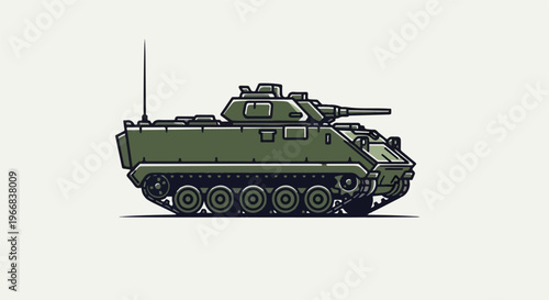A simplified, green, tracked military vehicle with a turret and gun