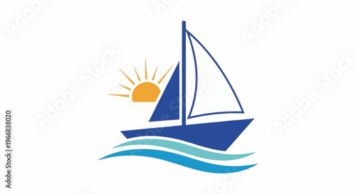 A simplified illustration of a blue sailboat on wavy water with a sun rising