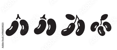 Set of Black Bean Icons Illustrating Various Legume Clusters in a Minimalist, Flat Design Style on a Clean White Background.