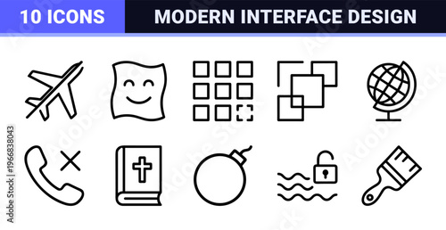 Monoline Geometric Interface Elements Featuring Ultra-Minimalist Outline Symbols for Navigation, Application Design, and Web Development Projects