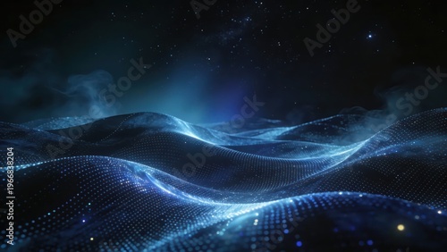 Technological particle light waves flow against a dark background, presenting a futuristic and digital technology atmosphere, making it a visual material image suitable for backgrounds and materials.
