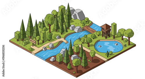 Isometric forest landscape with river and pond.