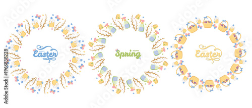 Three circular wreath designs with festive motifs Easter cakes, baskets, pussy willow branches, hearts, butterflies, gardening tools, gloves, and seed packets surrounding Happy Easter and Happy Spring