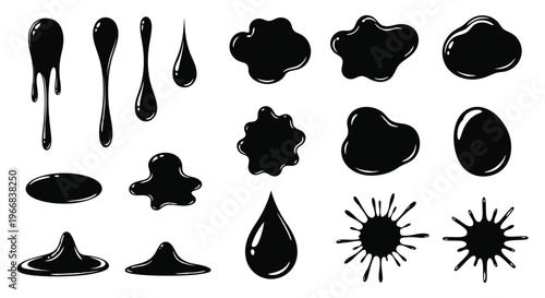 Set of black liquid drops, spills, puddles, and ink splatters vector illustration.