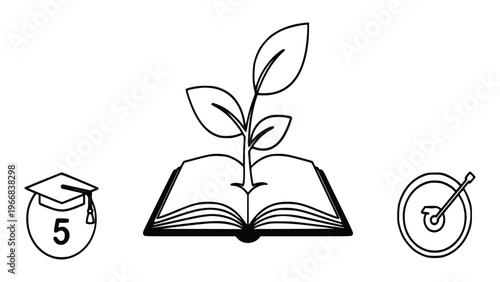 Educational growth and development icons with book and plant