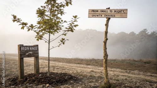 Wooden Sign Inspiring Growth Amidst Misty Landscape