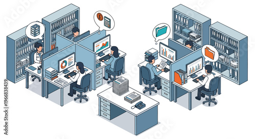 Office workers collaborating at computers in cubicles.