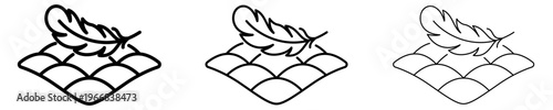 Set of three minimalist contour icons of a weightless feather on a soft quilted surface with different line thicknesses, symbolizing comfort, gentleness and coziness. Vector illustration.