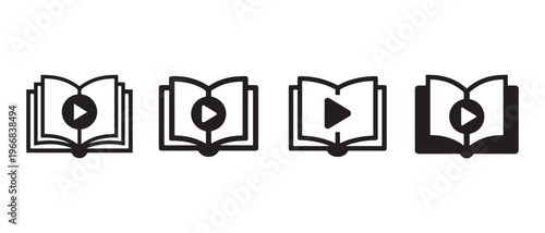 Set of E-Book with Play Button Icons. for Digital Learning, Audiobook, or Online Video Lesson Concepts in Black and White.