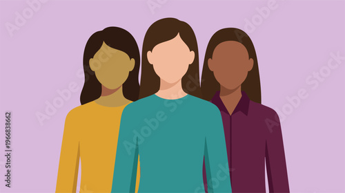 Diverse group of three women standing together in a flat illustration style