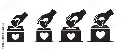 Hand dropping heart into donation box icons, symbolizing charity, giving, and love in a minimalist black and white design.