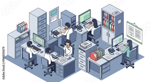 Isometric Office Scene With People Working at Desks.
