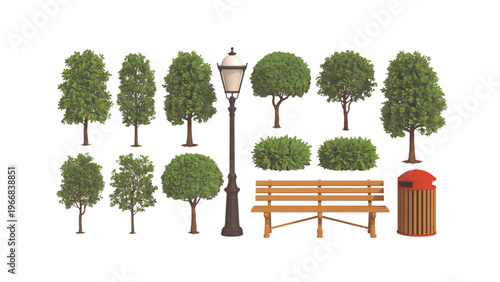 A serene park scene featuring trees, a picnic area, and a wooden bench Vector