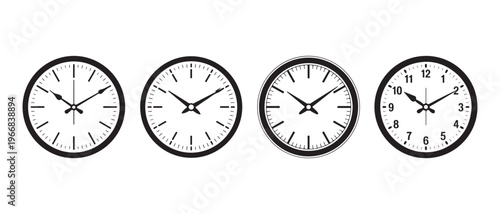 Minimalist Analog Clocks Displaying Various Times Isolated on a Clean White Background.