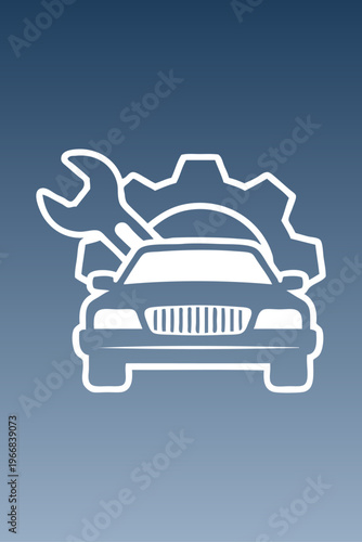 Logo taller mecánico. Dibujo con líneas de un vehículo de lujo con un engranaje y una llave ajustable, vistos de frente con fondo azul 