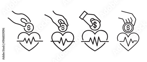 Financial Health Investment Concept. Hand dropping dollar coin into heart with ECG line for medical care.