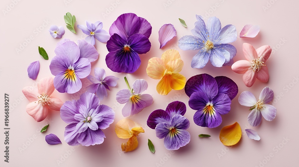 Obraz premium Top view flat lay of colorful edible flowers and petals on soft pink background, spring botanical pattern
