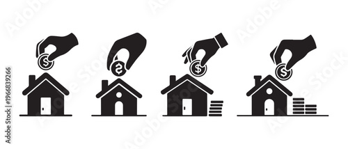 Hand Investing Money into House Icon, Symbolizing Real Estate Savings, Home Ownership, and Property Finance.