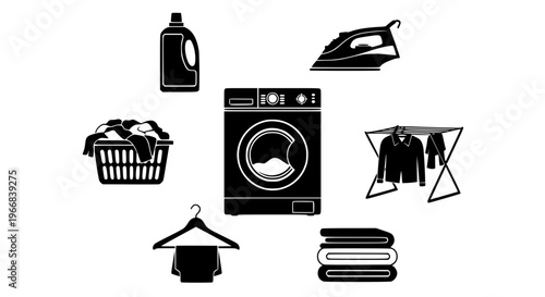 Laundry Service Silhouette Icon Set with Washing Machine Iron and Detergent Symbols Vector