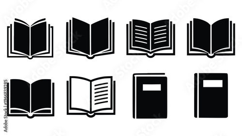 Black and white illustrations of various book icons in different open and closed positions