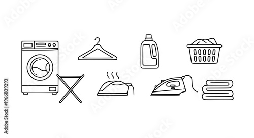 Minimal Laundry Service Icon Collection with Washing Machine and Clothing Care Symbols Vector