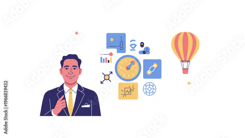Professional man presenting ideas with floating icons and hot air balloon Vector