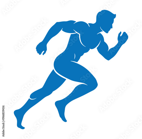 Blue silhouette of a muscular man running quickly to the right  athletic male figure in motion
