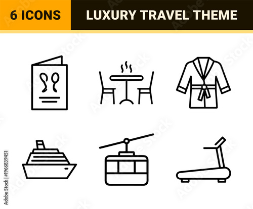 Luxury Resort and Vacation Travel Line Art: Ultra-Minimalist Monoline Geometric Outlines for Professional Hospitality and Tourism Interfaces.