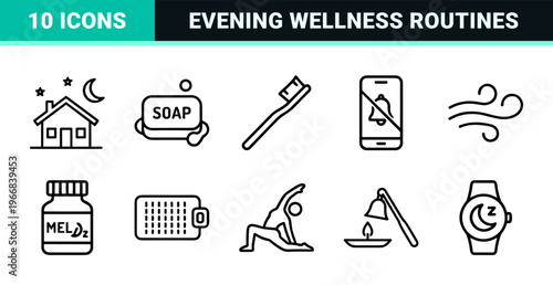 Circadian Rhythm and Sleep Hygiene Wellness Concepts, Ultra-Minimalist Monoline Geometric Line Art for Healthy Evening Routines