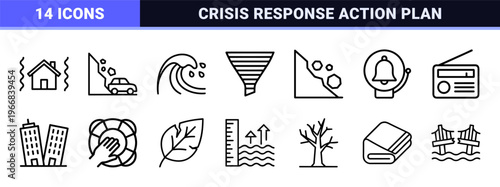 Natural Disaster and Emergency Response Icon Set featuring Ultra-minimalist Monoline Geometrics for Crisis Management and Safety Signage