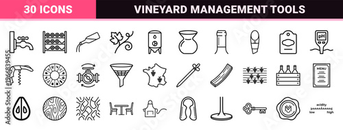 Ultra-minimalist Winemaking and Enology Line Art Icon Set featuring Geometric Viticulture Symbols for Sommelier and Vineyard Industry Use.