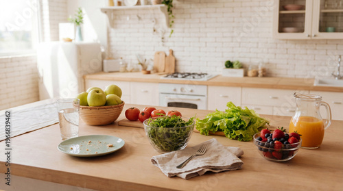 Quadro su tela Abundant healthy ingredients for a fresh meal on a bright kitchen counter, promoting a nutritious diet