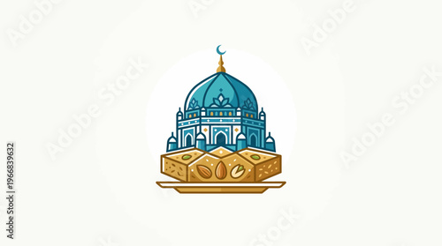 Cartoon Mosque with Sweet Treats A Cultural Celebration